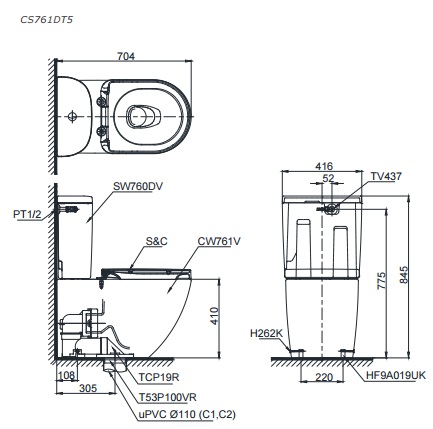 Bản vẽ kích thước bồn cầu thân D TOTO CS761DT5#XW