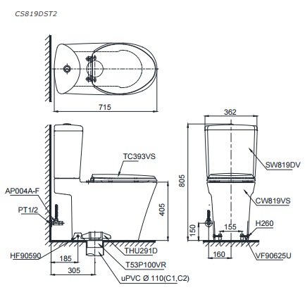 Bản vẽ kỹ thuật xí bệt TOTO CS819DST2