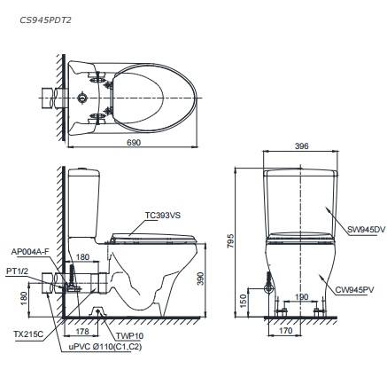 Bản vẽ kỹ thuật bàn cầu xí bệt TOTO CS945PDT2