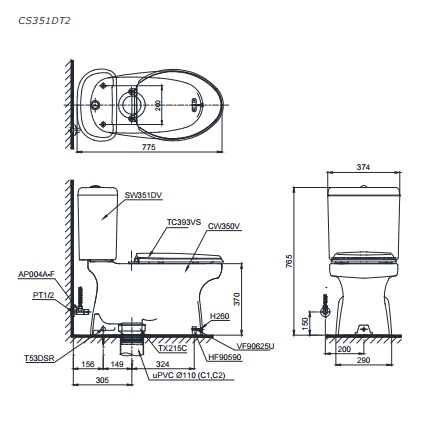 Bản vẽ kỹ thuật xí bệt TOTO CS351DT2