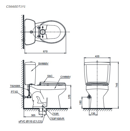 Bản vẽ kỹ thuật xí bệt TOTO CS660DT1Y1