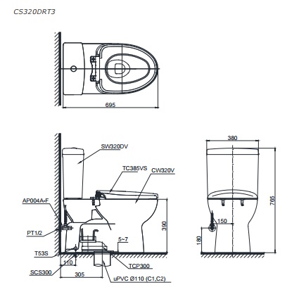 bản vẽ bồn cầu TOTO S320DRT3 thùng nước S3200