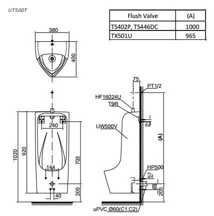 Bản vẽ bệ tiểu nam TOTO UT500T