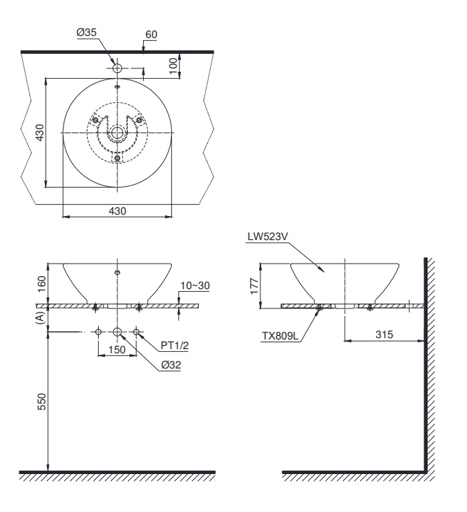 Bản vẽ bồn rửa mặt lavabo TOTO LT523