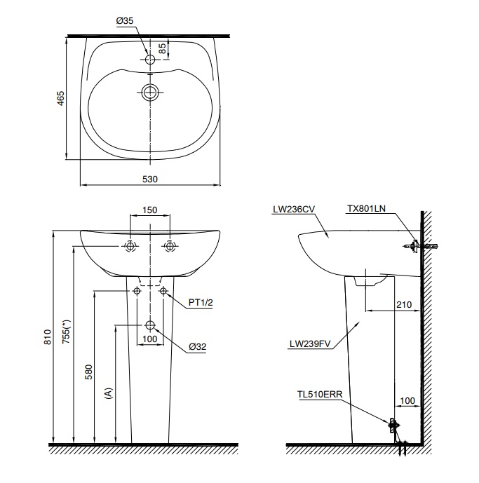 Bản vẽ bồn rửa mặt lavabo TOTO LPT236CS