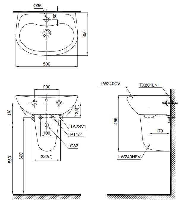 Bản vẽ bồn rửa mặt lavabo TOTO LHT240CS