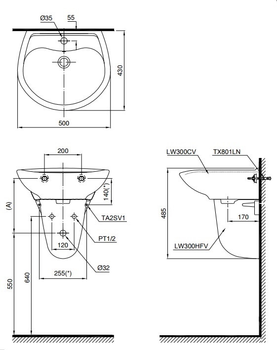 Bản vẽ bồn rửa mặt lavabo TOTO LHT300CR