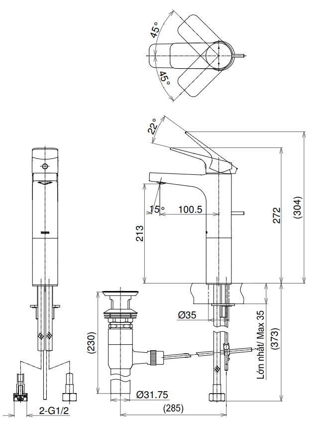 Bản vẽ kỹ thuật vòi chậu lavabo TOTO TTLR302FV-1