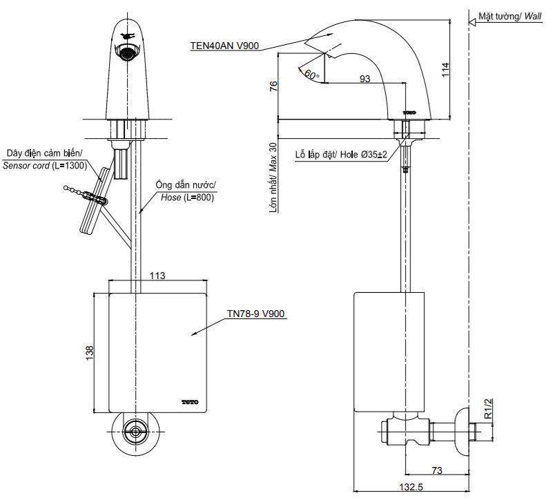 Thông số kỹ thuật vòi TOTO TEN40ANV900 TN78-9V900 TVLF405