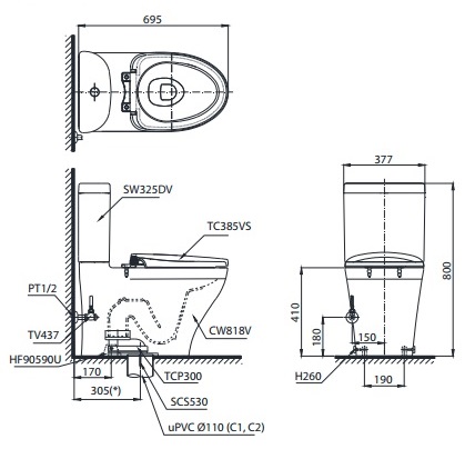 Bản vẽ kỹ thuật xí bệt TOTO CS818DT2