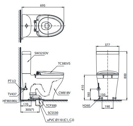 Bản vẽ kỹ thuật xí bệt TOTO CS818DT2