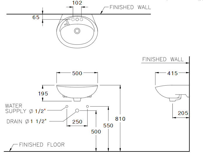 Bản vẽ kỹ thuật lavabo treo tường Cotto C013