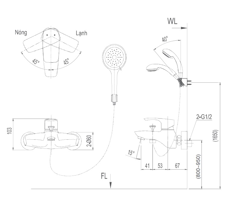 Thông số kỹ thuật Vòi sen tắm nóng lạnh INAX BFV-213S-3C