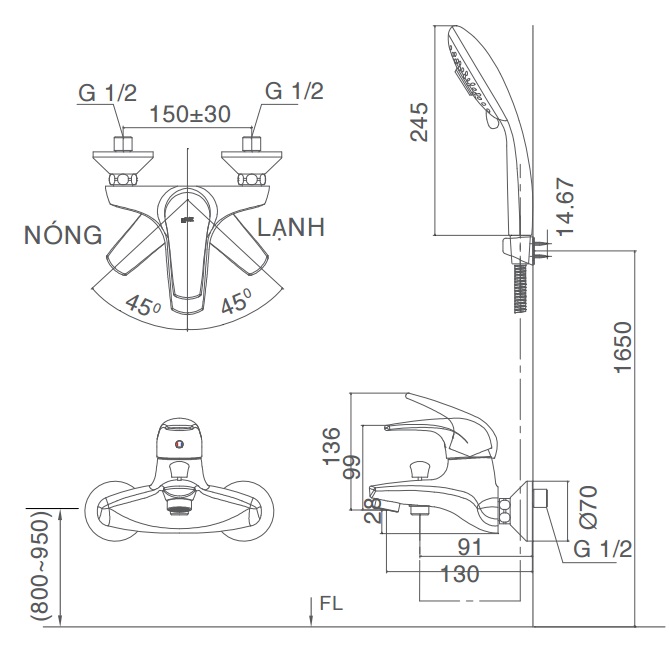 Bản vẽ kỹ thuật Vòi sen tắm nóng lạnh INAX BFV-3003S-1C