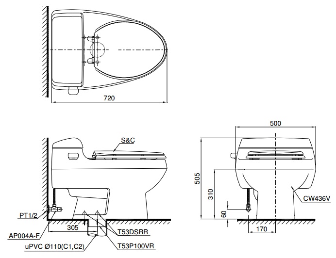 Bản vẽ bồn cầu TOTO MS436T2 - Xí bệt bàn cầu vệ sinh 1 khối nắp êm