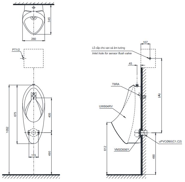 Bản vẽ bồn tiểu nam TOTO UT904R