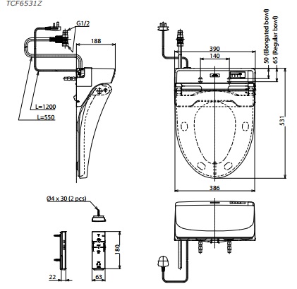 Bản vẽ kỹ thuật nắp rửa điện tử Washlet TOTO TCF6531Z