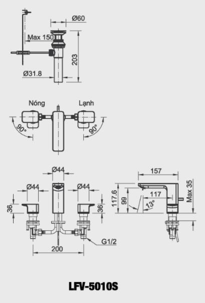 Bản vẽ kỹ thuật vòi lavabo nóng lạnh LFV-5010S