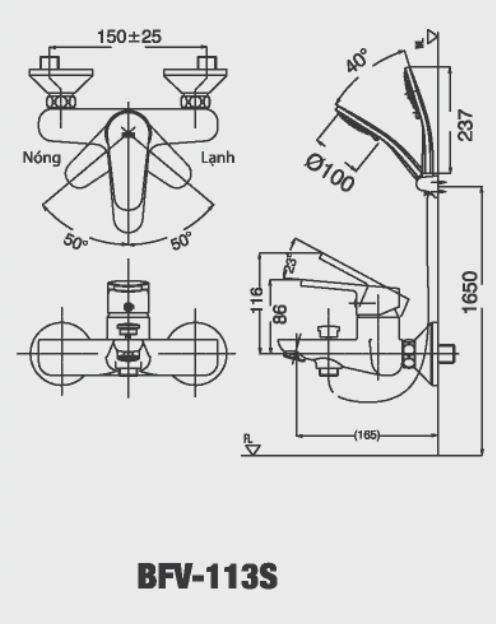 ​Bản vẽ kỹ thuật Vòi sen tắm nóng lạnh INAX BFV-113S