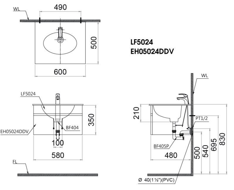 Bản vẽ kỹ thuật chậu rửa mặt LF5024/EH660V treo tường