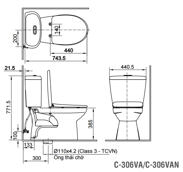 Bản vẽ bồn cầu Inax C-306VA - Xí bệt bàn cầu vệ sinh 2 khối nắp thường