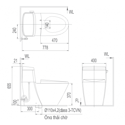 Bản vẽ bồn cầu Inax AC-918VRN-1 - Xí bệt bàn cầu vệ sinh 1 khối