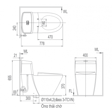 Kích thước ống chờ bồn cầu Toto Inax