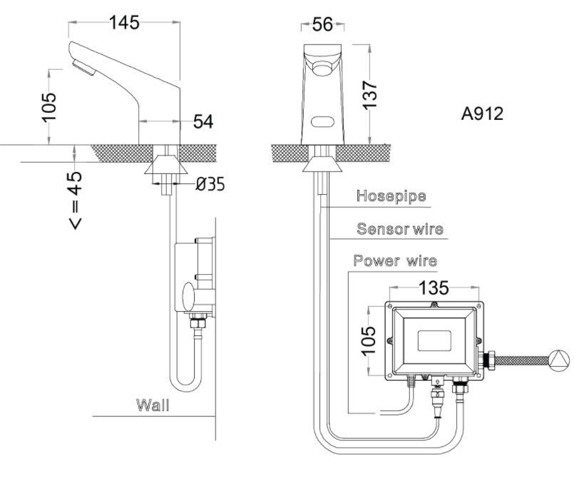 Bản vẽ kỹ thuật vòi chậu lavabo cảm ứng A 912