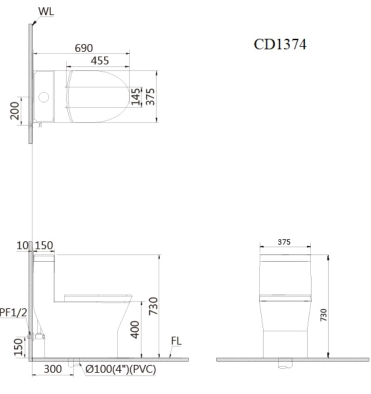 Bản vẽ bồn cầu Caesar CD1374 - Xí bệt bàn cầu vệ sinh 1 khối