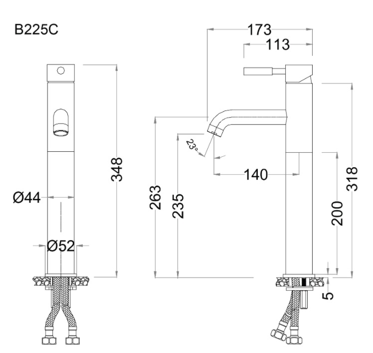 Bản vẽ kỹ thuật vòi cổ cao nóng lạnh Caesar B255 CU