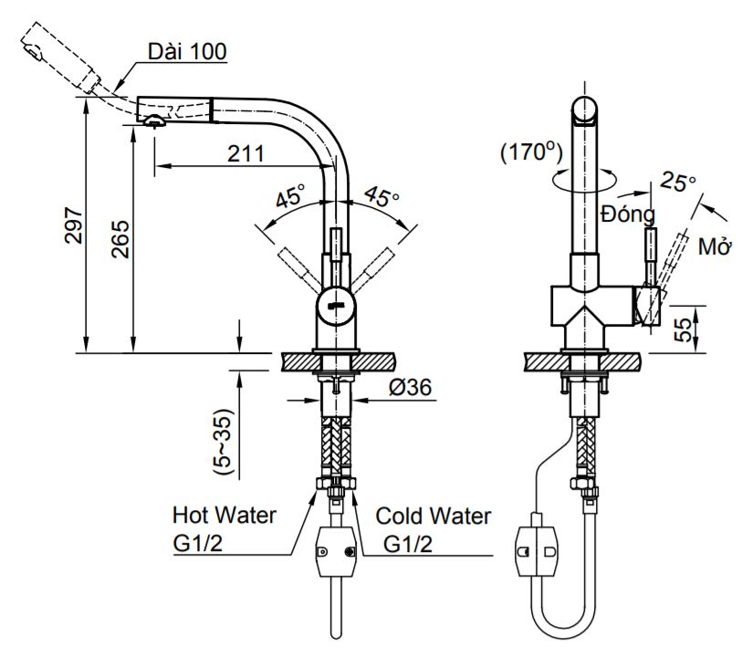 Bản vẽ kỹ thuật vòi bếp nóng lạnh INAX SFV-1013SX