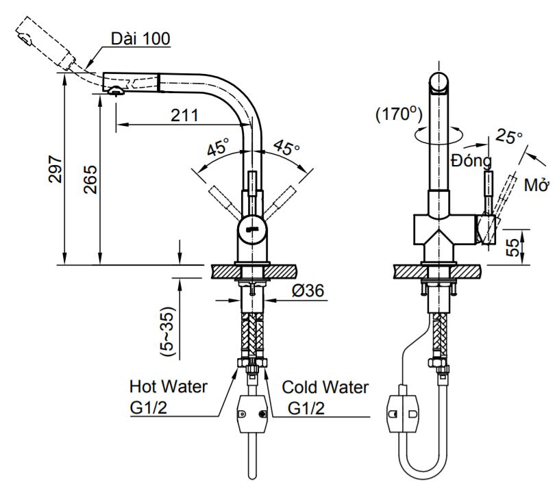 Thông số kỹ thuật vòi bếp nóng lạnh INAX SFV-1013SX