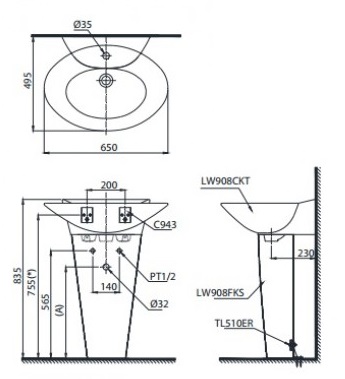 Bản vẽ bồn rửa mặt lavabo TOTO LPT908C