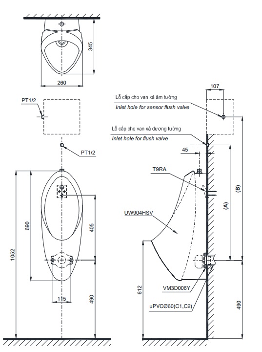 Bản vẽ kỹ thuật bồn tiểu nam TOTO UT904S