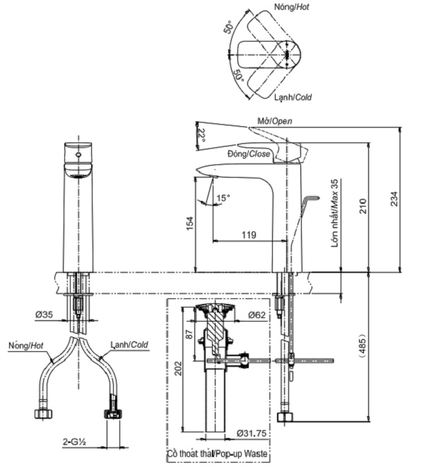 Bản vẽ kỹ thuật vòi nước TOTO nóng lạnh TLG04304V