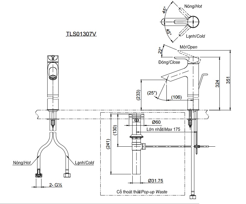 Bản vẽ kỹ thuật vòi nước TOTO nóng lạnh TLS01307V