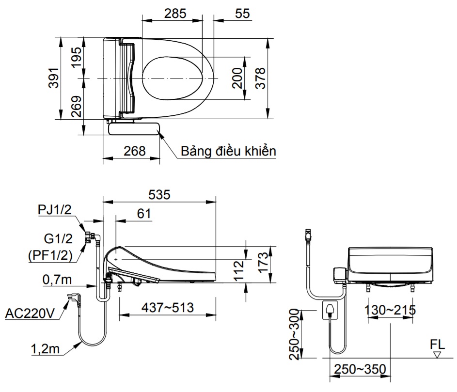 Bản vẽ kỹ thuật nắp điện tử INAX CW-H18VN