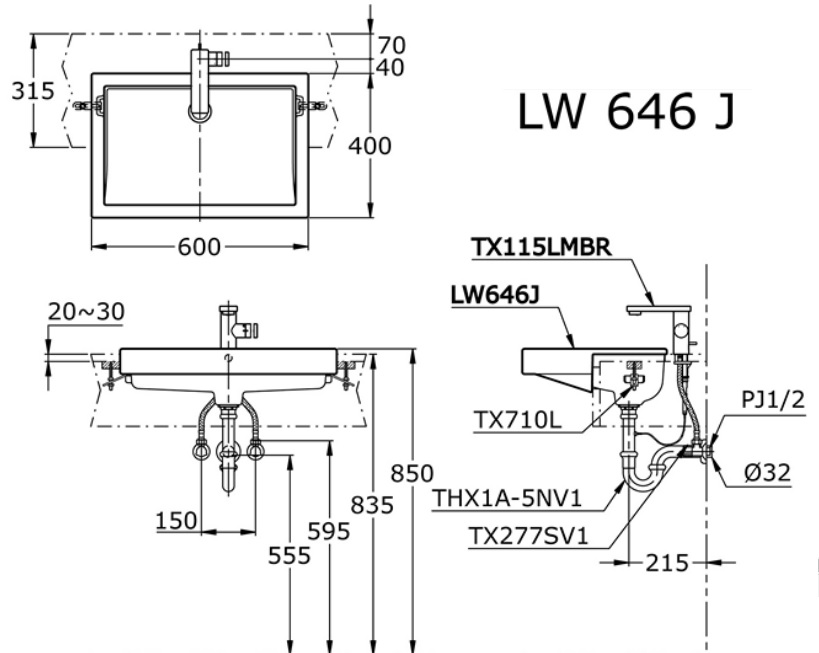 Chậu rửa mặt lavabo TOTO LW646JW/F#W bán âm bàn đá chữ nhật 600x400mm -  Tuấn Đức