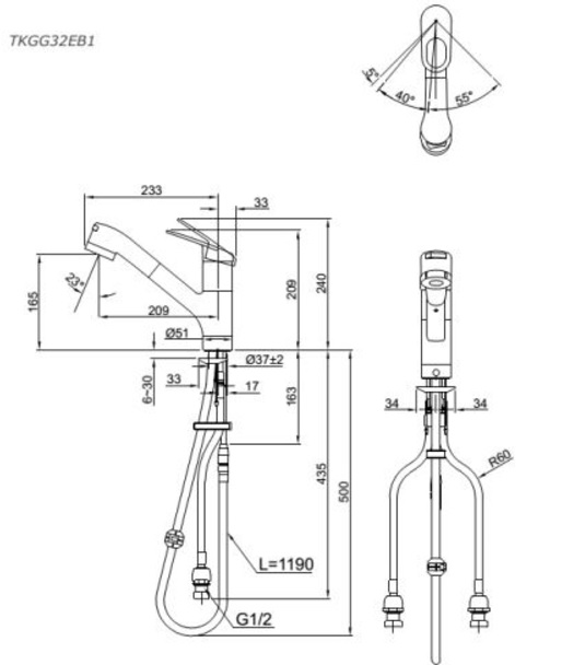 Bản vẽ kỹ thuật vòi rửa bát TOTO TKGG32EB1