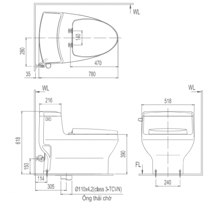 Bản vẽ bệ xí bệt Inax 4005 xả gạt nắp rửa cơ