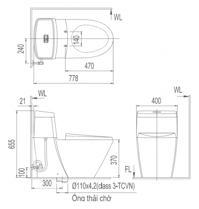 Bản vẽ bệt inax 909 nắp điện tử CW-KA22