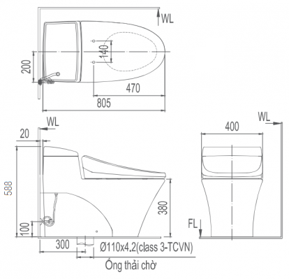 Bản vẽ bệt inax 1017 nắp điện tử CW-KB22