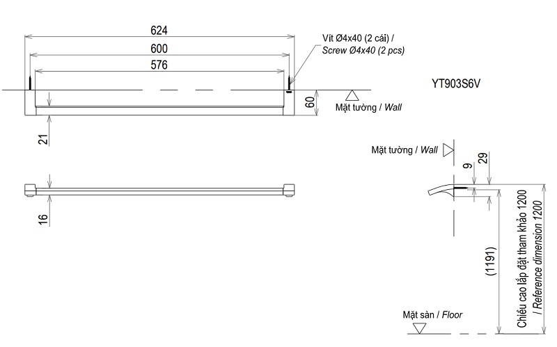 Bản vẽ thanh vắt khăn TOTO YT903S6V