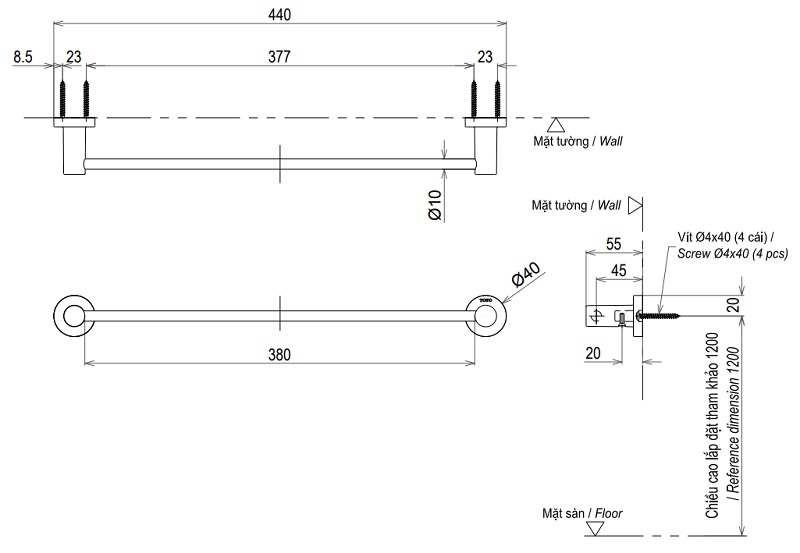 Bản vẽ thanh vắt khăn TOTO YT406S4RV