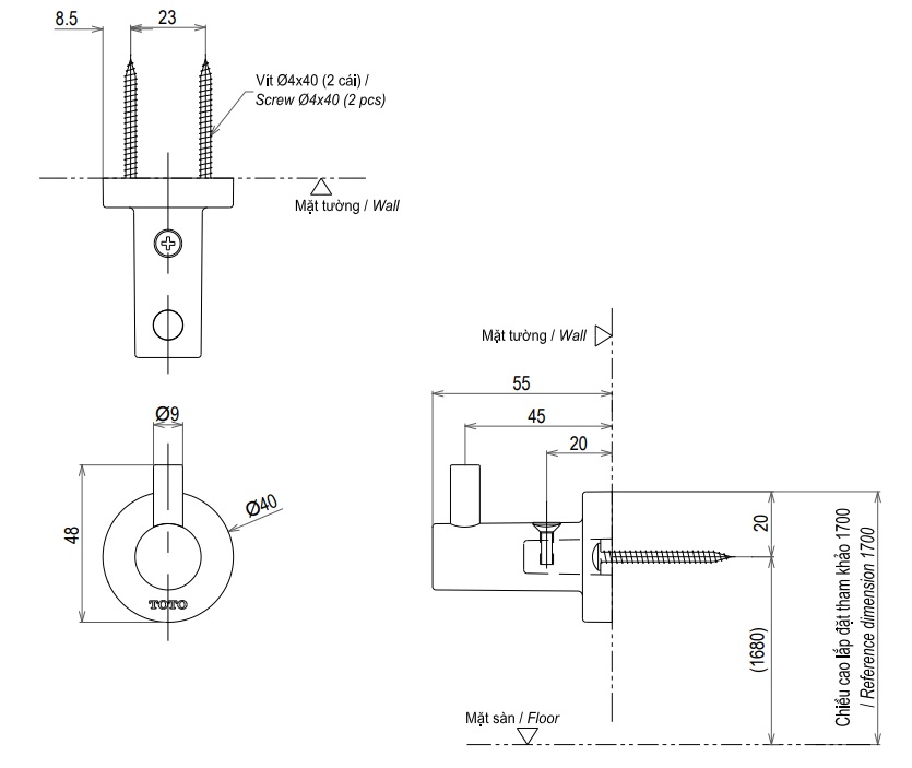 Bản vẽ móc YRH406V TOTO