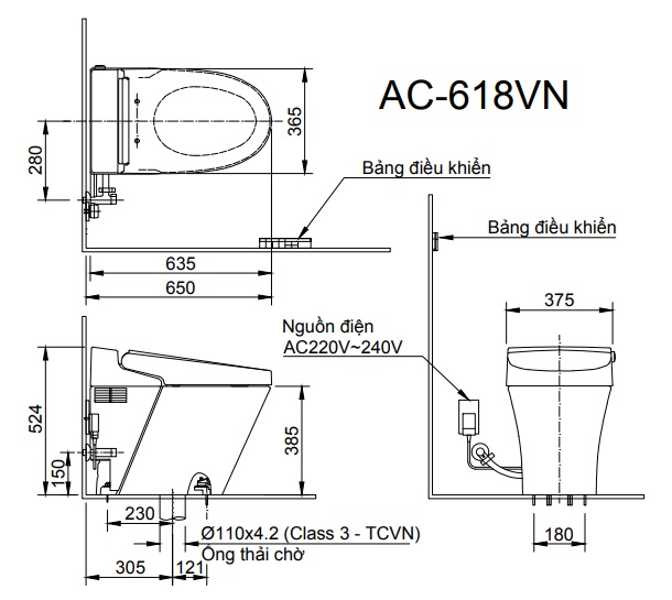 Bản vẽ bồn cầu thông minh INAX AC-618VN