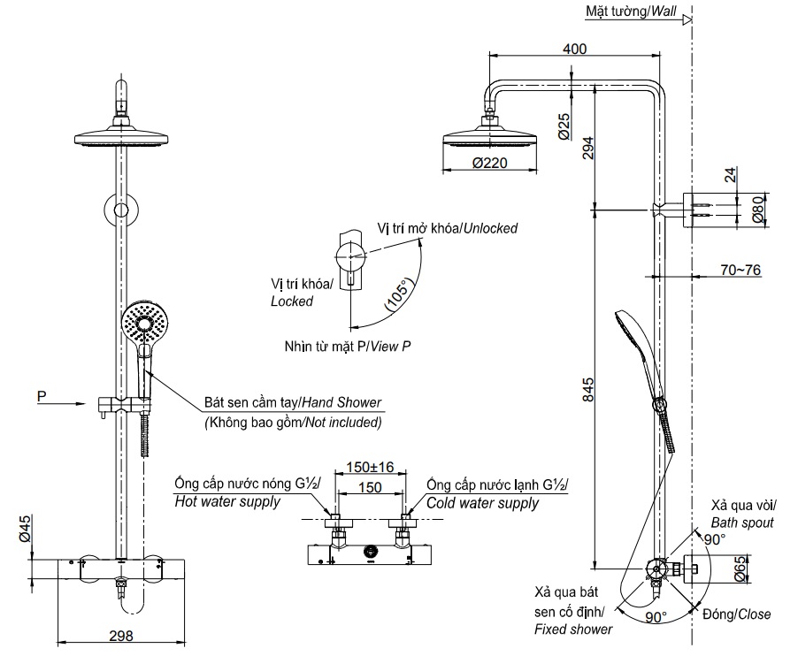 Kích thước vòi hoa sen cây TOTO TBW01404B