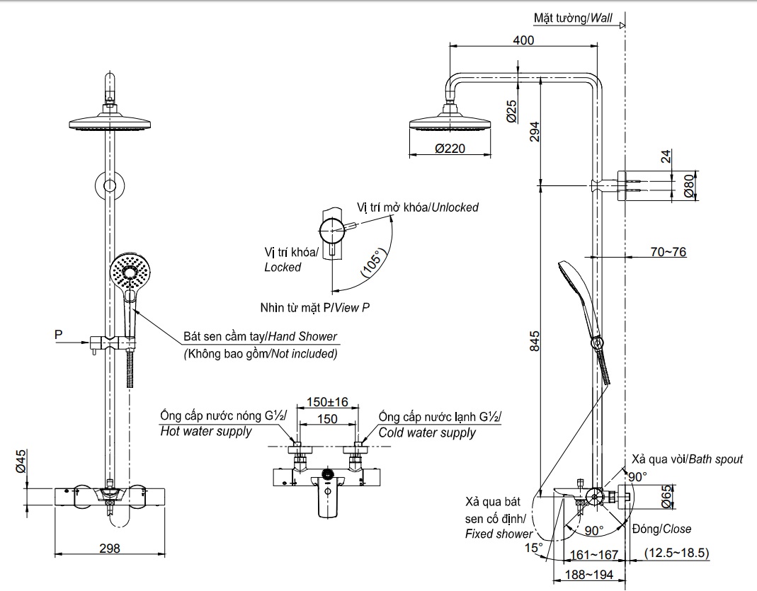 Kích thước vòi hoa sen tắm TOTO TBW01401B