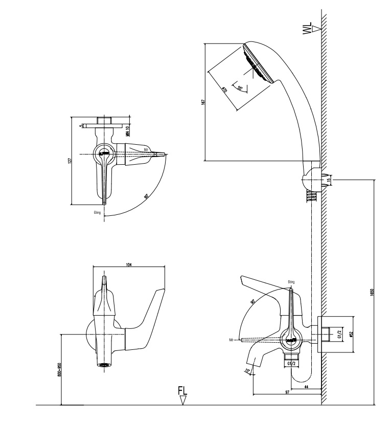 Bản vẽ vòi tắm hoa sen BFV-17-4C Inax