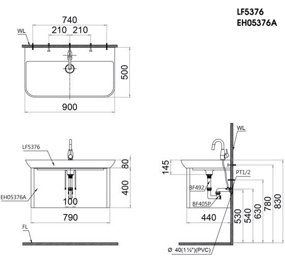 Bộ Tủ Lavabo Caesar Treo Tường LF5376/EH05376A